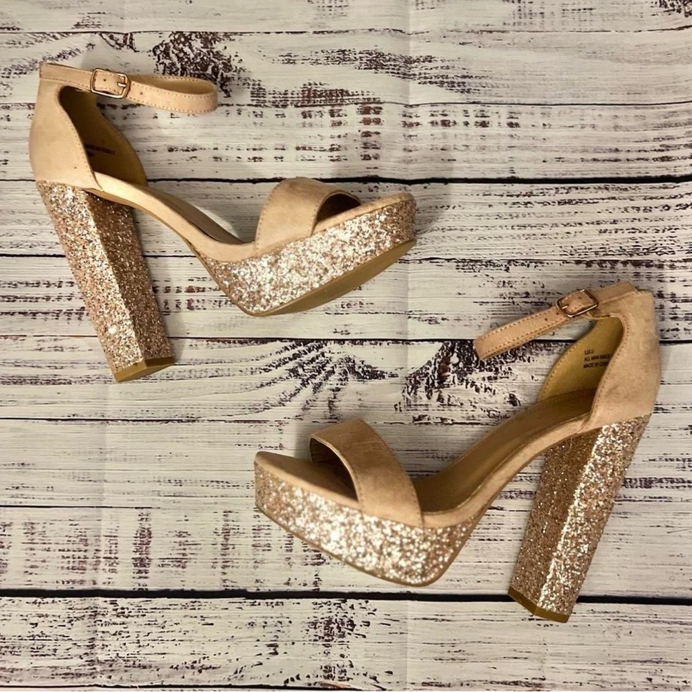 Charlotte Russe Glitter Block Heel Sandals - Tan and Gold